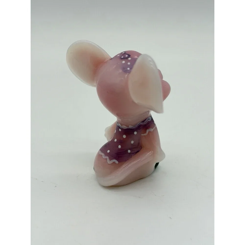 Fenton Art Glass Rosalene Purple Polka Dot Dress Hand Painted Mouse Figurine